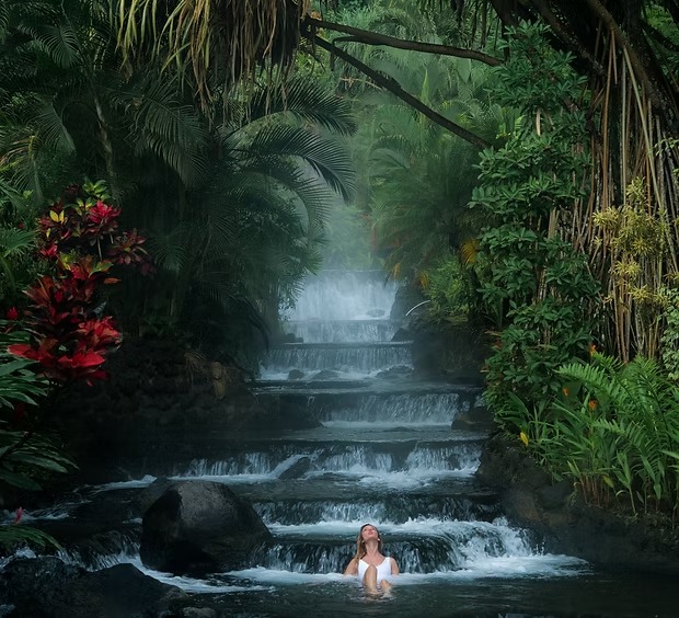 Tropical waterfall wellness scene